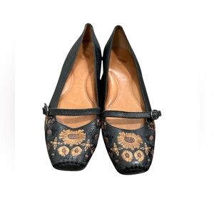 Nurture Embroidered Black Leather Flats